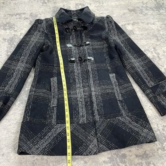 Black Rivet Wool Plaid Toggle Winter Coat in Black White Full Zip Sz M - Picture 10 of 13